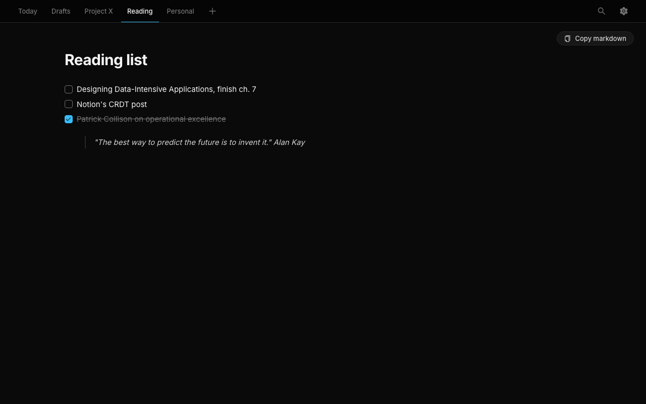 Multiple named note tabs along the top of the page